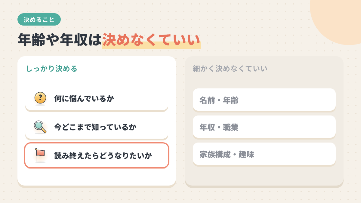 ペルソナでしっかり決めることと、年齢や年収など細かく決めなくていいことの比較図