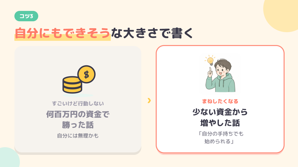 大きすぎるトレードの話と、まねできるトレードの話の比較図